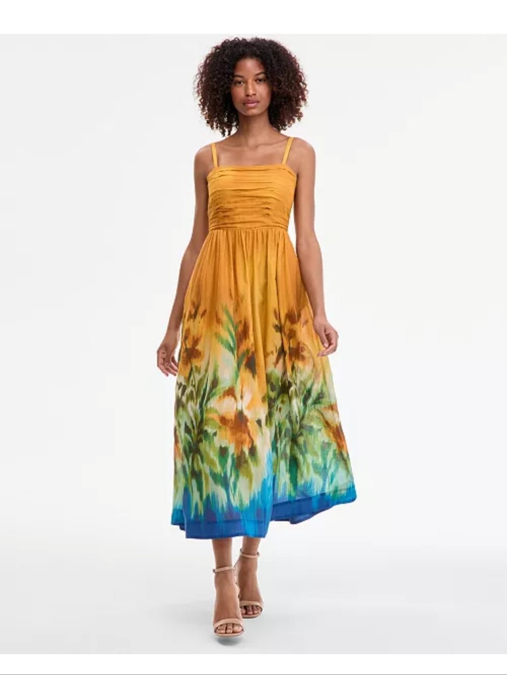 Tahari ASL Mustard Border Print Midi Dress Siz 12 Spaghetti Strap Fit Flare $179